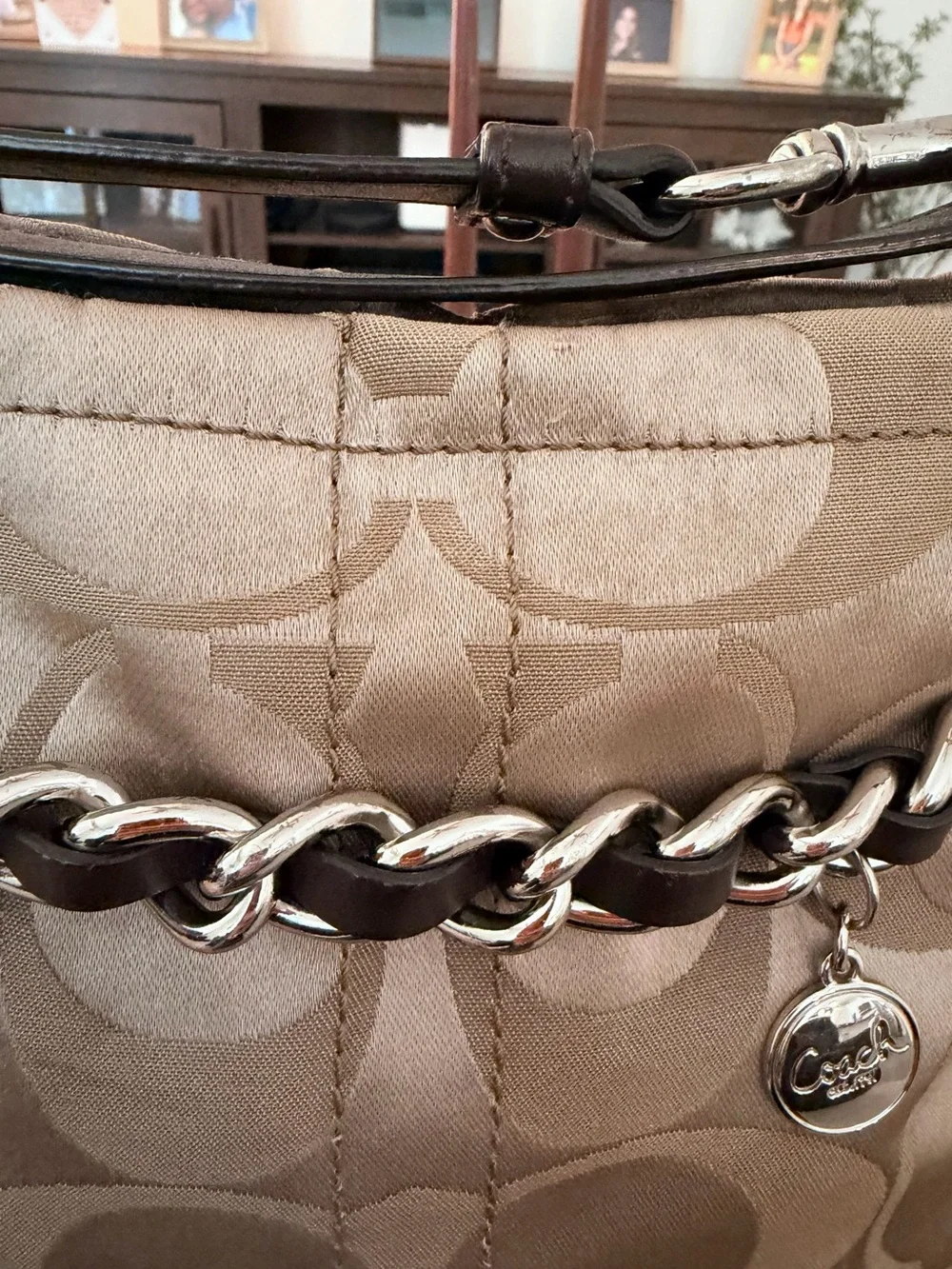 Y2K Aesthetic Coach Beige Signature Sateen Shoulder Bag with Brown Leather Trim